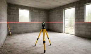 Laser krzyżowy na statywie wyznacza idealnie poziome linie, co jest kluczowe dla zachowania standardów wykończenia wnętrz.