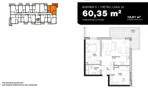 Rzut mieszkania 60,35 m² z balkonem 12,61 m². Czy balkon wlicza się do powierzchni mieszkania? Tutaj nie, bo nie doliczamy go do ceny.