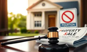 Młotek sędziowski i dokument "PROPERTY SALE" sugerują sądowy nakaz sprzedaży nieruchomości. W tle dom i znak zakazu.