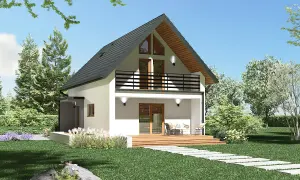 Marzenie o domku letniskowym za 300 tys. zł staje się rzeczywistością. Biały dom z drewnianym tarasem i balkonem otoczony zielenią.