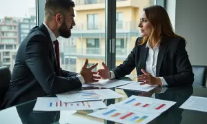 Biznesmeni omawiają strategię, jak negocjować cenę mieszkania, analizując wykresy.