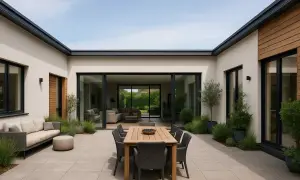 Nowoczesny dom z patio, gdzie stół z krzesłami zaprasza do posiłków na świeżym powietrzu. Wnętrze domu widoczne przez wielkie okna.