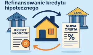 Ilustracja pokazuje przeniesienie kredytu hipotecznego. Dom symbolizuje właściciela, który przenosi swój kredyt z jednego banku do drugiego, szukając lepszej oferty.