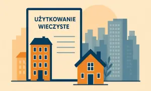 Dokument "Użytkowanie wieczyste" z domkami i budynkami w tle.