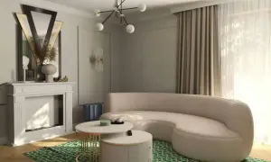 Eleganckie mieszkanie w stylu art deco z kremową sofą, kominkiem i geometryczną zieloną dywanem.