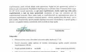 Dokument prawny dotyczący wniosku o zniesienie współwłasności ze spłatą, z podpisem pełnomocnika i listą załączników.