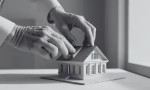 Dłonie starszego mężczyzny manipulują modelem domu, jakby próbował go sprzedać w złej wierze.
