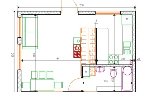Projekt zgłoszenie budowy domu 35m2: salon z aneksem kuchennym, łazienka, sypialnia. Rzut parteru z wymiarami.