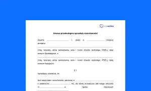 Wzór umowy przedwstępnej sprzedaży nieruchomości. Dokument zawiera pola do wpisania danych sprzedającego i kupującego, daty, miejsca zawarcia umowy oraz szczegółów dotyczących nieruchomości.