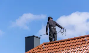 Kominiarz na dachu, wykonujący obowiązki przy czyszczeniu komina. W ręku trzyma narzędzia do pracy.
