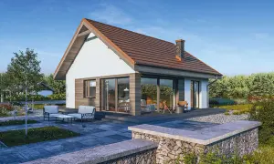 Nowoczesny dom 70m2 bez pozwolenia z dużymi oknami i tarasem, otoczony zielenią. Idealny dla ceniących spokój i komfort.