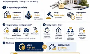 Porównanie metod sprzedaży mieszkania: samodzielnie, agencja, aukcja, skup za gotówkę. Prowizja od sprzedaży mieszkania przy agencji to 2-3%. Skup za gotówkę to 7-14 dni.