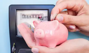 Różowa świnka-skarbonka obok licznika energii elektrycznej. Dłoń wrzuca monetę, symbolizując oszczędzanie na prognozowaną wielkość rocznego zużycia dla domu.