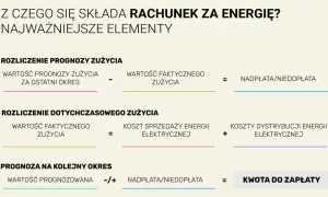 Rozliczenie rachunku za energię: prognoza vs. faktyczne zużycie prądu w domu, koszty dystrybucji i sprzedaży, kwota do zapłaty.