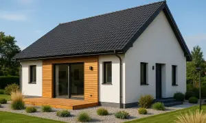 Nowoczesny dom 80m2 z drewnianym tarasem i dużymi przeszkleniami. Elegancka biel elewacji kontrastuje z ciemnym dachem i stolarką.