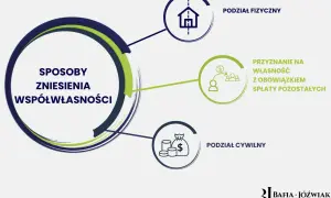 Grafika przedstawia sposoby zniesienia współwłasności: podział fizyczny, przyznanie na własność z obowiązkiem spłaty oraz podział cywilny. Kto ponosi koszty zniesienia współwłasności?