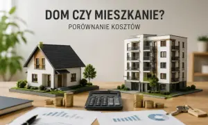 Porównanie kosztów: model domu i bloku mieszkalnego, kalkulator, monety i klucze. Dom czy mieszkanie?