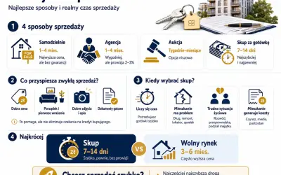 Porównanie metod sprzedaży mieszkania: samodzielnie, agencja, aukcja, skup za gotówkę. Prowizja od sprzedaży mieszkania przy agencji to 2-3%. Skup za gotówkę to 7-14 dni.