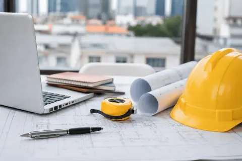 Na biurku leżą plany, laptop, żółty kask i taśma miernicza. To miejsce pracy, gdzie powstaje ekspertyza techniczna, którą może wykonać inżynier.
