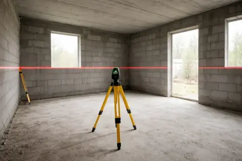 Laser krzyżowy na statywie wyznacza idealnie poziome linie, co jest kluczowe dla zachowania standardów wykończenia wnętrz.