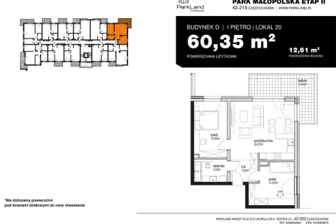 Rzut mieszkania 60,35 m² z balkonem 12,61 m². Czy balkon wlicza się do powierzchni mieszkania? Tutaj nie, bo nie doliczamy go do ceny.