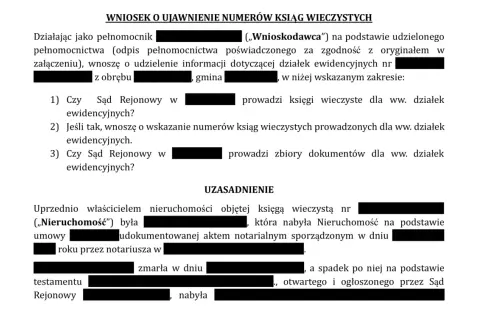Wniosek o ujawnienie numerów ksiąg wieczystych. Jak znaleźć księgę wieczystą? Wniosek dotyczy informacji o działkach ewidencyjnych i numerach ksiąg wieczystych.