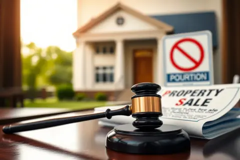 Młotek sędziowski i dokument "PROPERTY SALE" sugerują sądowy nakaz sprzedaży nieruchomości. W tle dom i znak zakazu.