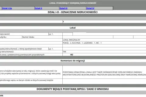 Darmowy wgląd do księgi wieczystej: dane lokalu mieszkalnego, opis, powierzchnia, komentarz do migracji.