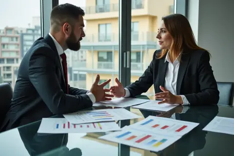 Biznesmeni omawiają strategię, jak negocjować cenę mieszkania, analizując wykresy.
