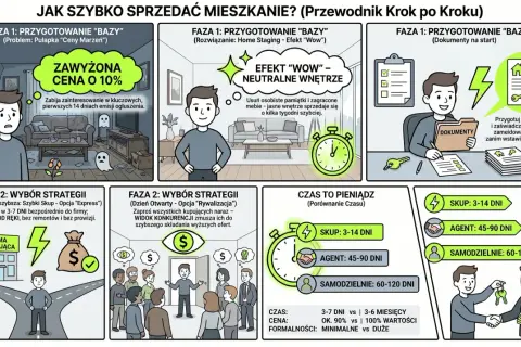 Jak szybko sprzedać mieszkanie? Faza 1: przygotowanie bazy, neutralne wnętrze i dokumenty. Faza 2: wybór strategii - szybki skup lub rywalizacja. Czas to pieniądz!
