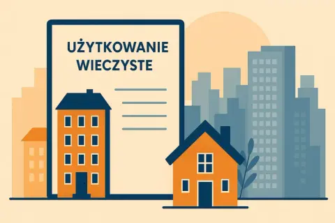 Dokument "Użytkowanie wieczyste" z domkami i budynkami w tle.