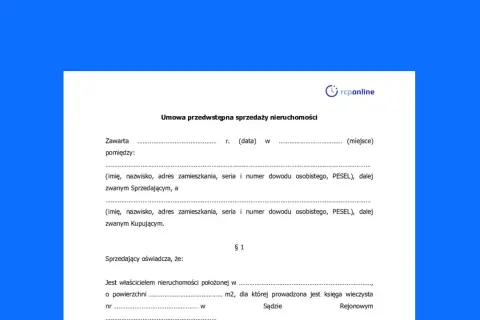Wzór umowy przedwstępnej sprzedaży nieruchomości. Dokument zawiera pola do wpisania danych sprzedającego i kupującego, daty, miejsca zawarcia umowy oraz szczegółów dotyczących nieruchomości.