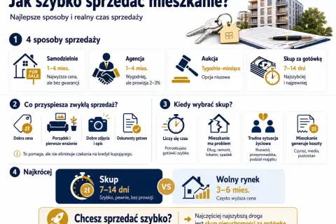 Porównanie metod sprzedaży mieszkania: samodzielnie, agencja, aukcja, skup za gotówkę. Prowizja od sprzedaży mieszkania przy agencji to 2-3%. Skup za gotówkę to 7-14 dni.