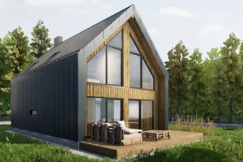 Nowoczesny domek z drewnianymi elementami i dużymi oknami. Czy na działce rolnej można postawić domek do 70m2?
