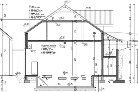 Przekrój domu z zaznaczoną maksymalną wysokością domu na zgłoszenie. Widoczne fundamenty, ściany, dach i izolacje.