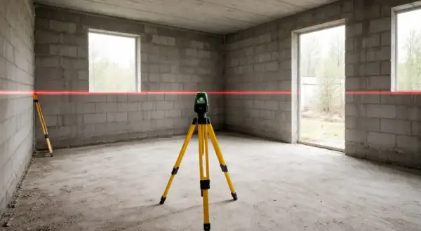 Laser krzyżowy na statywie wyznacza idealnie poziome linie, co jest kluczowe dla zachowania standardów wykończenia wnętrz.