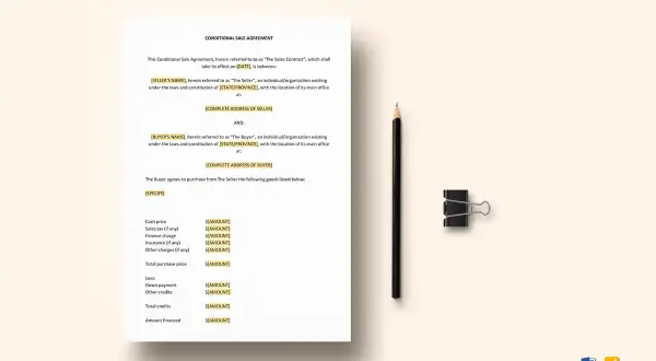 Umowa warunkowa sprzedaży z wyszczególnieniem ceny, podatków i zadatku.