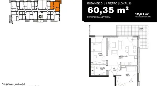 Rzut mieszkania 60,35 m² z balkonem 12,61 m². Czy balkon wlicza się do powierzchni mieszkania? Tutaj nie, bo nie doliczamy go do ceny.