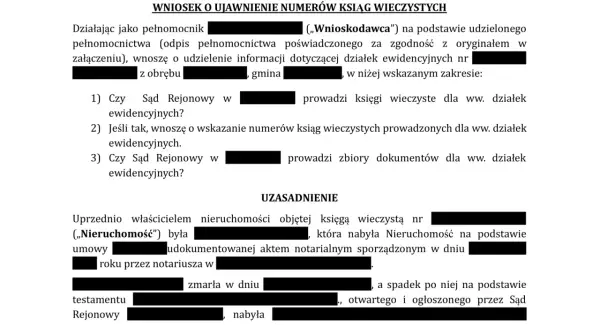 Wniosek o ujawnienie numerów ksiąg wieczystych. Jak znaleźć księgę wieczystą? Wniosek dotyczy informacji o działkach ewidencyjnych i numerach ksiąg wieczystych.