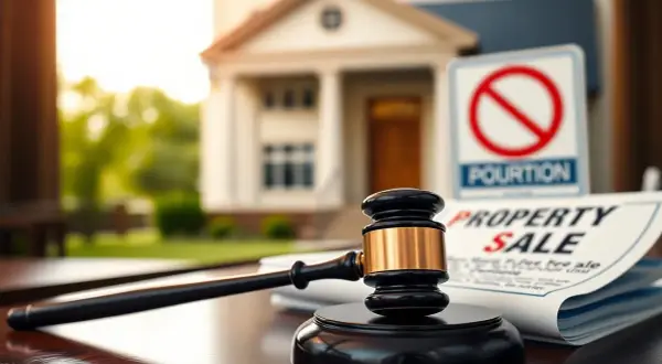 Młotek sędziowski i dokument "PROPERTY SALE" sugerują sądowy nakaz sprzedaży nieruchomości. W tle dom i znak zakazu.