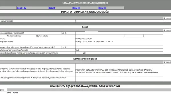 Darmowy wgląd do księgi wieczystej: dane lokalu mieszkalnego, opis, powierzchnia, komentarz do migracji.