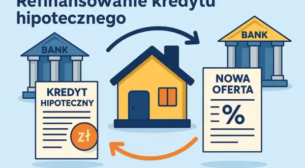 Ilustracja pokazuje przeniesienie kredytu hipotecznego. Dom symbolizuje właściciela, który przenosi swój kredyt z jednego banku do drugiego, szukając lepszej oferty.