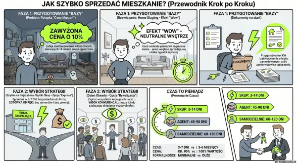 Jak szybko sprzedać mieszkanie? Faza 1: przygotowanie bazy, neutralne wnętrze i dokumenty. Faza 2: wybór strategii - szybki skup lub rywalizacja. Czas to pieniądz!
