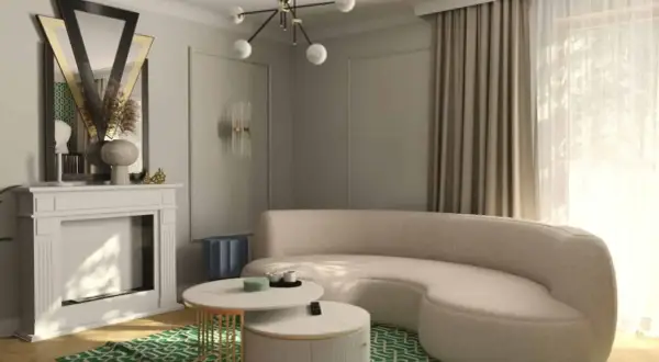 Eleganckie mieszkanie w stylu art deco z kremową sofą, kominkiem i geometryczną zieloną dywanem.