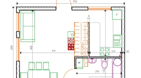 Projekt zgłoszenie budowy domu 35m2: salon z aneksem kuchennym, łazienka, sypialnia. Rzut parteru z wymiarami.
