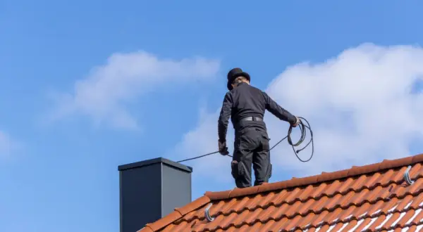 Kominiarz na dachu, wykonujący obowiązki przy czyszczeniu komina. W ręku trzyma narzędzia do pracy.