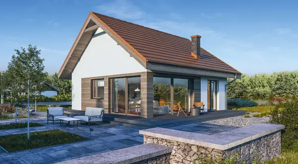 Nowoczesny dom 70m2 bez pozwolenia z dużymi oknami i tarasem, otoczony zielenią. Idealny dla ceniących spokój i komfort.
