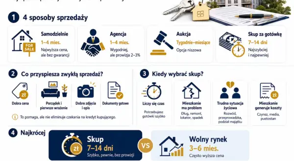 Porównanie metod sprzedaży mieszkania: samodzielnie, agencja, aukcja, skup za gotówkę. Prowizja od sprzedaży mieszkania przy agencji to 2-3%. Skup za gotówkę to 7-14 dni.
