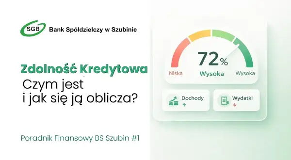 Zdolność kredytowa: jak obliczyć? Wykres pokazuje 72% zdolności, dochody i wydatki. Poradnik BS Szubin.