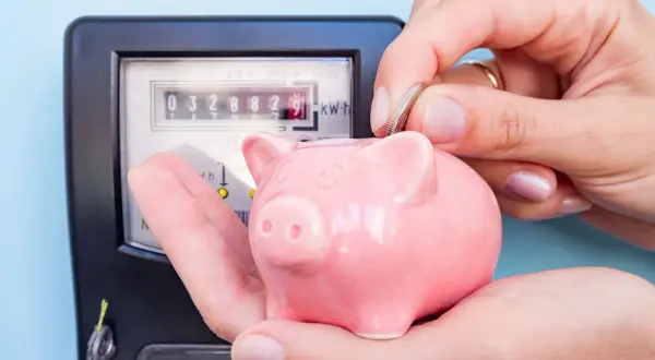 Różowa świnka-skarbonka obok licznika energii elektrycznej. Dłoń wrzuca monetę, symbolizując oszczędzanie na prognozowaną wielkość rocznego zużycia dla domu.